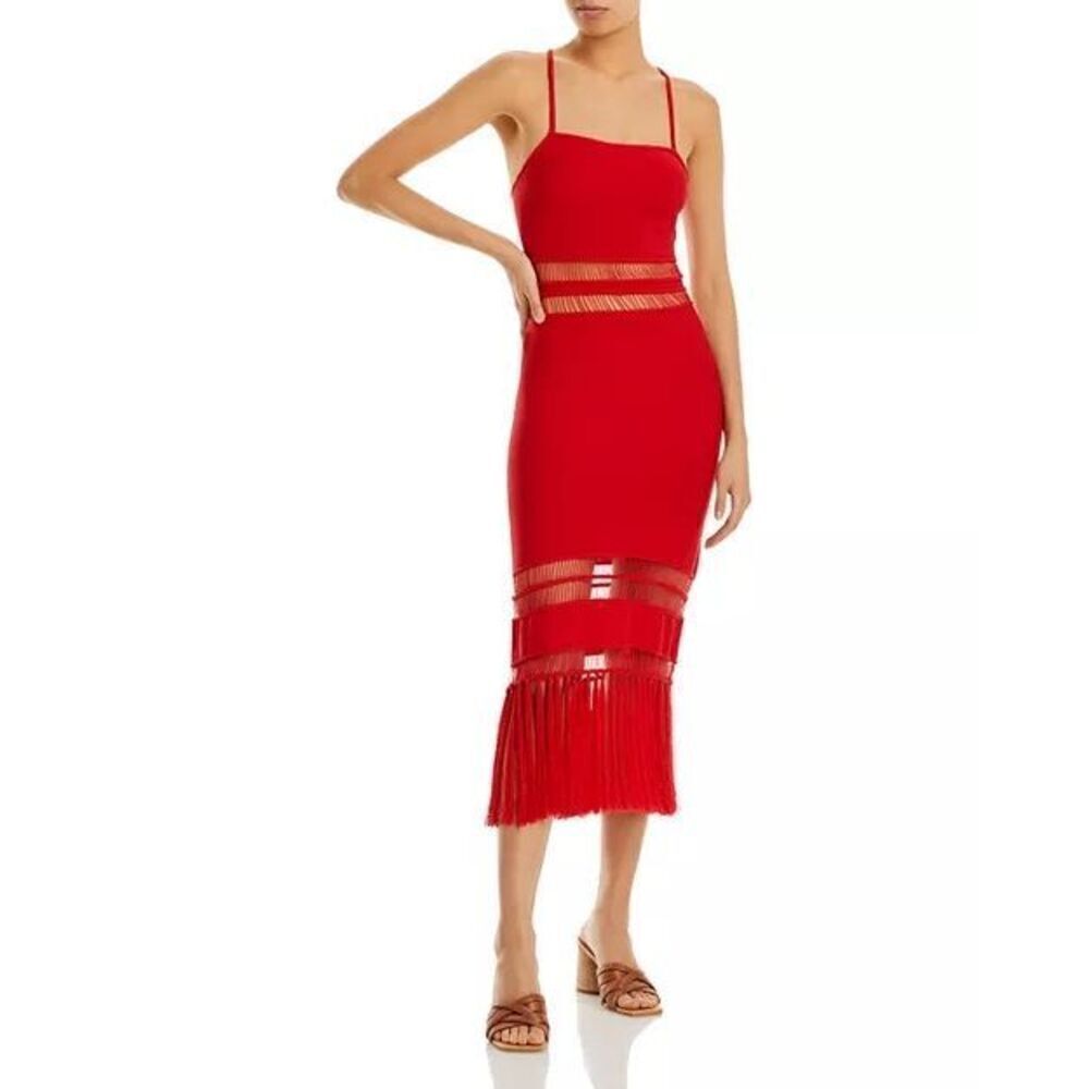 Cult Gaia Women's Red Kiki Knit Sleeveless Fringe Hem Midi Dress Size Large NWOT